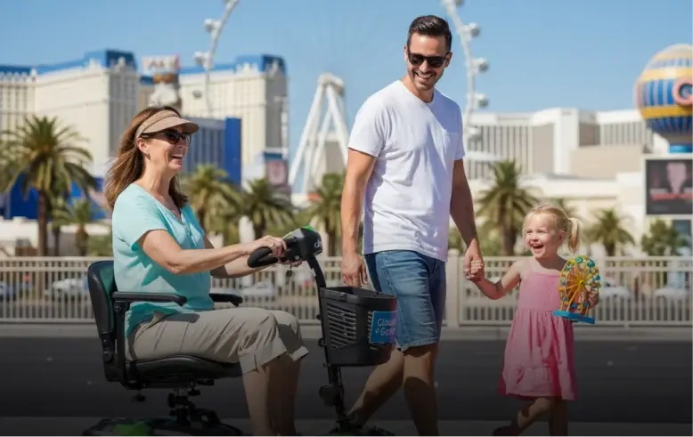 Family enjoying Las Vegas with a mobility scooter rental from Cloud of Goods on the Strip